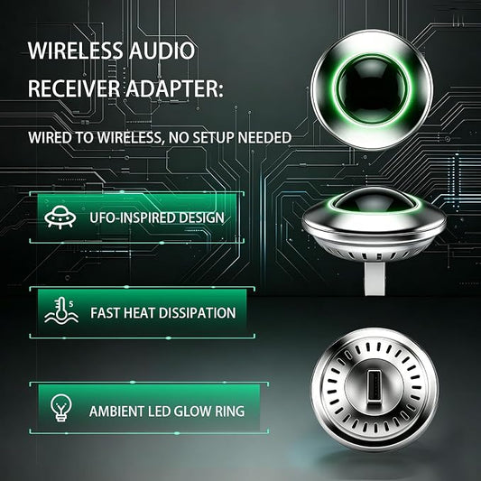 UFO-Shaped Wireless CarPlay Adapter, Plug-and-Play converts Original Wired CarPlay to Wireless. Compatible with iPhone and Android Phones, Equipped with Cool Light Strip, Stable and Durable.