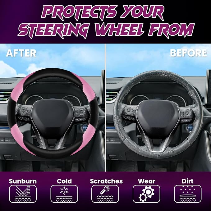 Soft Leather Steering Wheel Cover with Breathable Design and Anti-Slip Grip, Fully Compatible with Tesla, Toyota, Honda, Nissan 14.5-15.2 inch Round Steering Wheel（Sedans and SUVs）