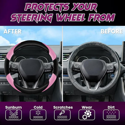 Soft Leather Steering Wheel Cover with Breathable Design and Anti-Slip Grip, Fully Compatible with Tesla, Toyota, Honda, Nissan 14.5-15.2 inch Round Steering Wheel（Sedans and SUVs）