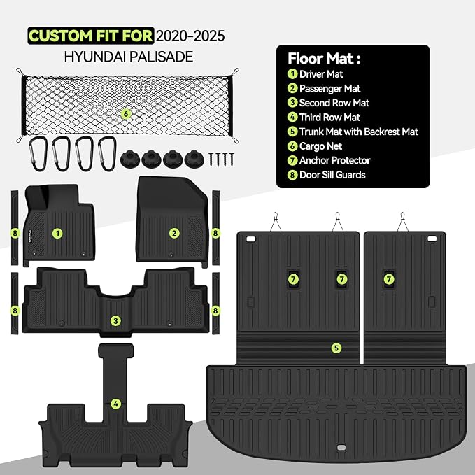 Tongama-Floor Mats for 2020-2025 Hyundai Palisade, All Weather TPE Trunk Mat with Backrest Mat and Cargo Net and Door Sill Guards for Hyundai Palisade Floor Liner Accessories