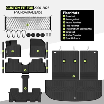 Tongama-Floor Mats for 2020-2025 Hyundai Palisade, All Weather TPE Trunk Mat with Backrest Mat and Cargo Net and Door Sill Guards for Hyundai Palisade Floor Liner Accessories