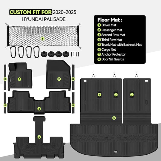 Tongama-Floor Mats for 2020-2025 Hyundai Palisade, All Weather TPE Trunk Mat with Backrest Mat and Cargo Net and Door Sill Guards for Hyundai Palisade Floor Liner Accessories
