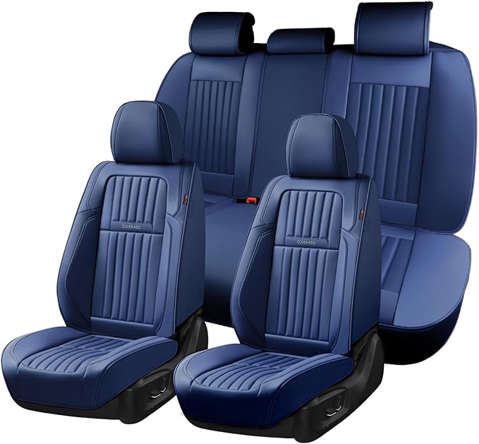 Coverado Car Seat Covers Full Set, Seat Covers for Cars, Car Seat Cover, Car Seat Protector, Leather Car Seat Cushion, Waterproof Car Seat Covers Front Seats and Back Fit for Most Cars(Blue)