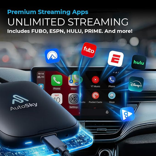 AUTOSKY AI Box Lite Flex – Wireless CarPlay & Android Auto Adapter with Selectable Streaming Apps (Netflix, Hulu, Disney+, Prime Video & More) – Plug & Play, Touchscreen Required
