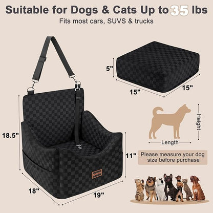 JOEJOY Elevated Dog Car Seat for Small/Medium Dogs up to 35 lbs, Memory Foam Booster Seat with Detachable Washable Cover, Travel-Safe Car Bed with Safety Belts & Storage Pockets, Black