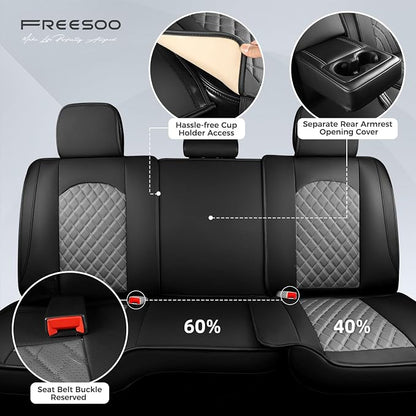 FREESOO Car Seat Covers Full Set for Dodge Ram 2002-2018 1500 & 2011-2026 2500 3500 Crew Quad Cab, 2019-2024 Ram 1500 Classic Leather Seat Cover, with Curved Bench, Black Grey