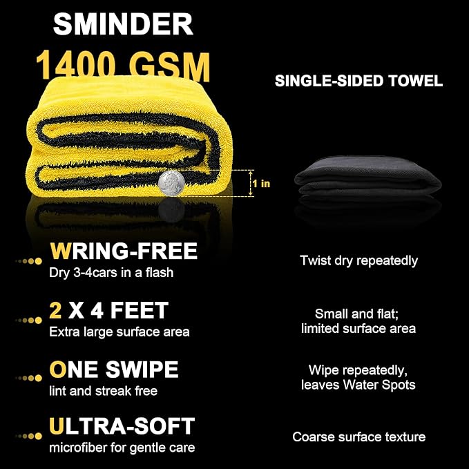 SMINDER 1400 GSM Car Drying Towels Car Detailing– XXL Microfiber Towels for Cars, Trucks (48" x 24"), Ultra-Absorbent, Streak-Free, Scratch-Free, No Water Spots, Double-Twist Pile & Edgeless Design