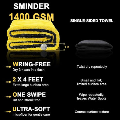 SMINDER 1400 GSM Car Drying Towels Car Detailing– XXL Microfiber Towels for Cars, Trucks (48" x 24"), Ultra-Absorbent, Streak-Free, Scratch-Free, No Water Spots, Double-Twist Pile & Edgeless Design