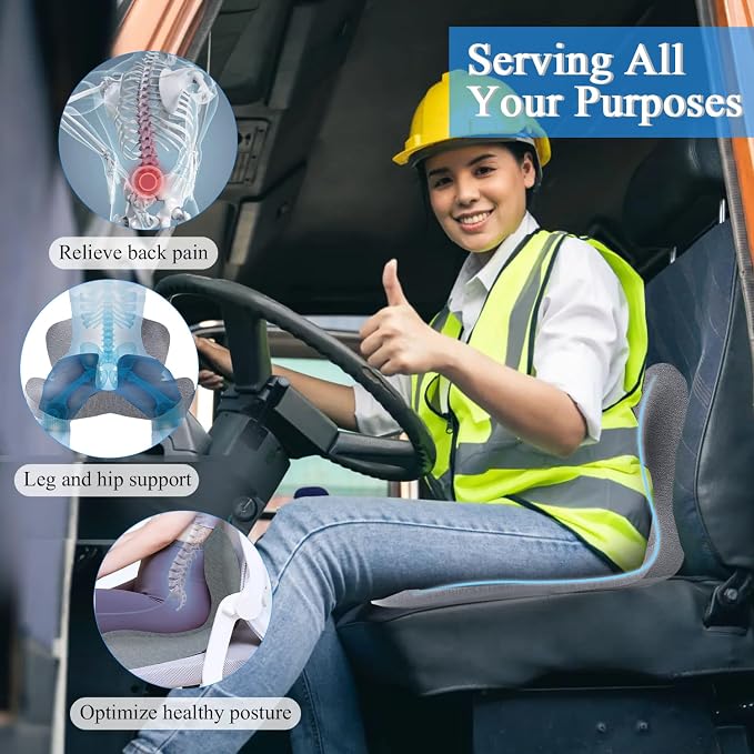 Car Seat Cushion, Memory Foam Driving Cushion with Adjustable Strap, Ergonomic Pad for Car & Semi Truck, Office Chair Cushion for Sciatica & Lower Back Pain Relief, Light Gray