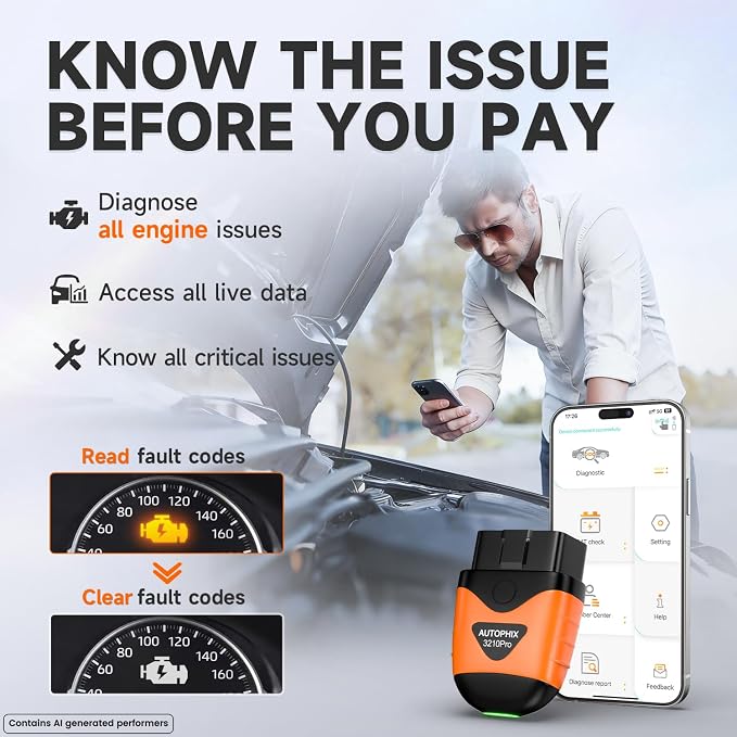 AUTOPHIX Bluetooth OBD2 Scanner for Cars - Read & Clear Engine Codes, Transmission ABS SRS Live Data, HUD Dashboards OBD2 Code Reader Diagnostic Tool to Scan OBD for iPhone & Android