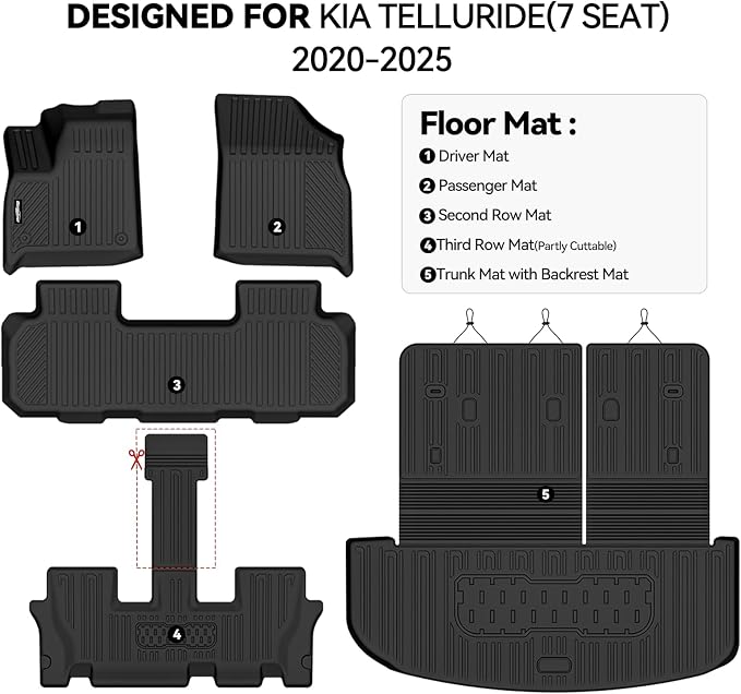 Floor Mats for Kia Telluride 2020-2025, Trunk Mat with Backrest Mat All Weather TPE Protector for Kia Telluride Accessories Floor Liner
