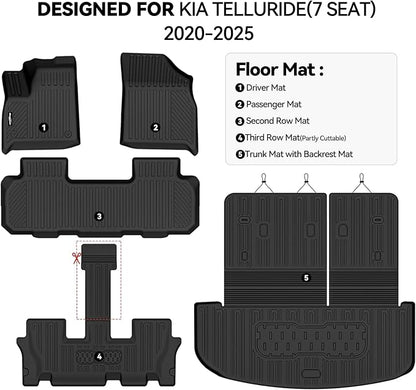 Floor Mats for Kia Telluride 2020-2025, Trunk Mat with Backrest Mat All Weather TPE Protector for Kia Telluride Accessories Floor Liner