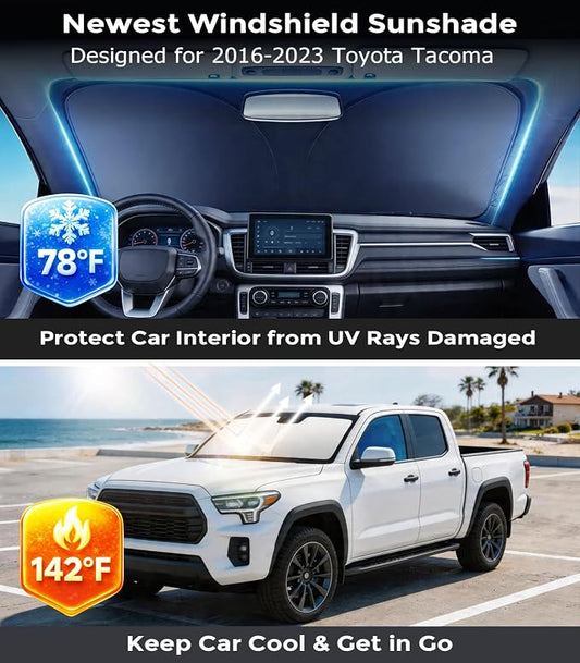 DMJN Front Windshield Sun Shade for Toyota Tacoma (2016-2023), [Nano Ice-Crystal Coatings] UPF50+ Heat & UV Block, Protect Car Interior & Keep Cool, Flodable Steel-Ring Car Cover for Summer
