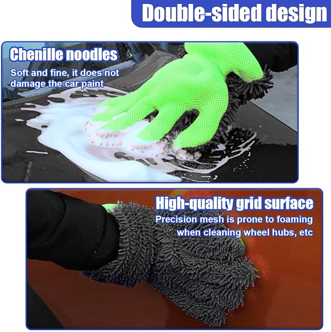 2PCS Car Wash Mitts, Double Sided Chenille Microfiber Dusting Gloves with 5-Finger Design, Anti-Scratch Auto Interior Exterior Detailing Mitt for Cleaning Wheel Tight Spot (Grey)