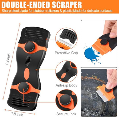 NECAMOCU 4 Pack Razor Blade Scraper, Premium Cleaning Scraper Tool with 50 PCS Metal & Plastic Razor Blades, Multi-Purpose Glass Scraper for Windows, Sticker, Decals, Cooktop, Paint Removal (Orange)