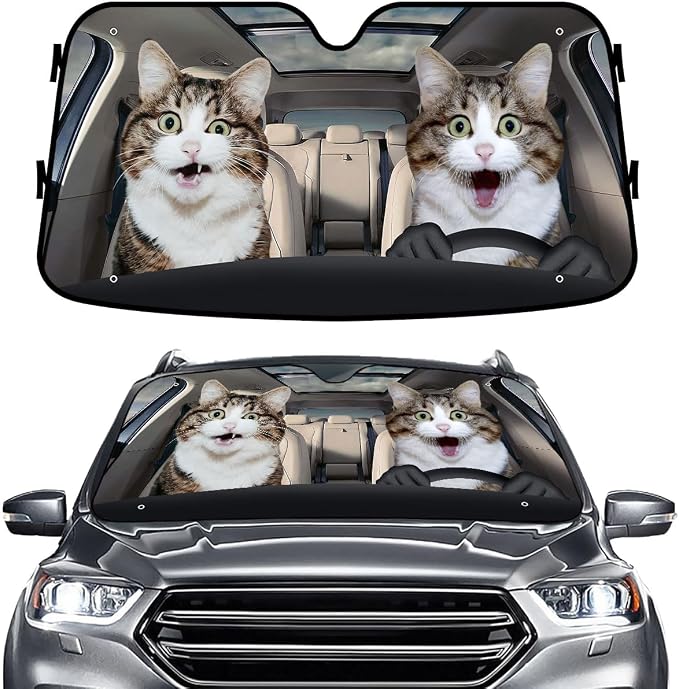 GENANY Funny Cat Windshield Cover for Car SUV Truck (55x30 Inches), Foldable Heat Shield, Shades for Front Windows, Protector Blocks UV, Car Decor