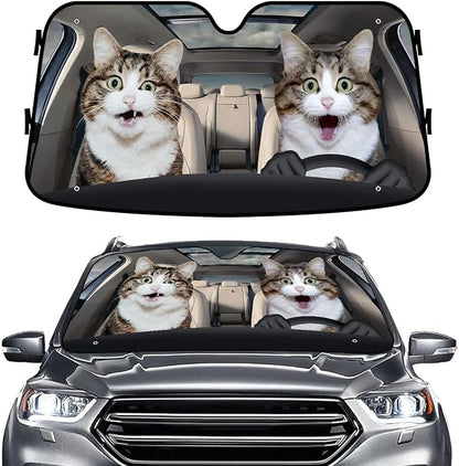 GENANY Funny Cat Windshield Cover for Car SUV Truck (55x30 Inches), Foldable Heat Shield, Shades for Front Windows, Protector Blocks UV, Car Decor