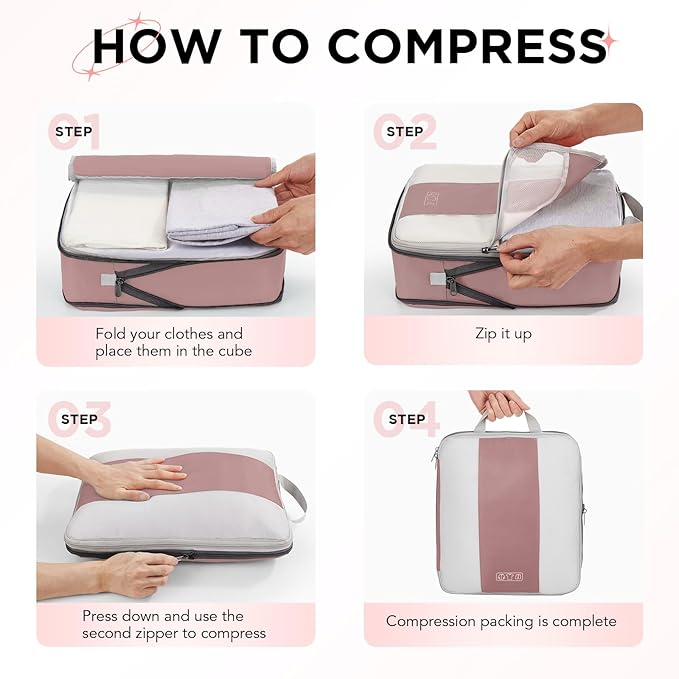 OlarHike 10-Pack Compression Packing Cubes for Travel Essentials,Compressible Expandable Packing Cubes for Suitcase,Luggage Garment Bags for Travel,Handy Helper for Organizing Clothes(Light Coral)
