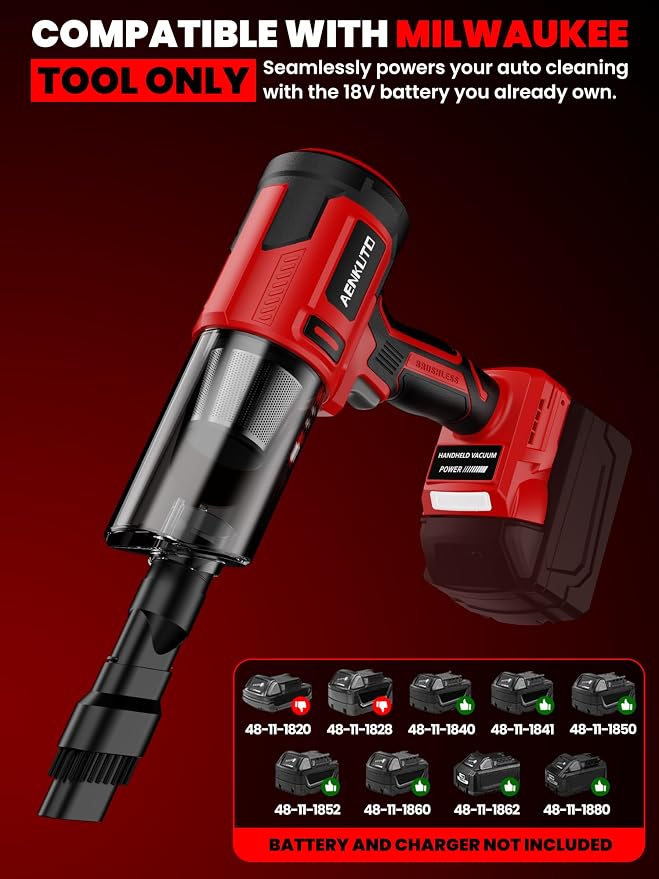 Handheld Electric Vacuum Cleaner Compatible with Milwaukee 18V Battery, Portable Handheld Vacuum for Pet Hair & Sand, Capable of Quick Vehicle Interior & Garage Cleanup, (Battery Not Included)