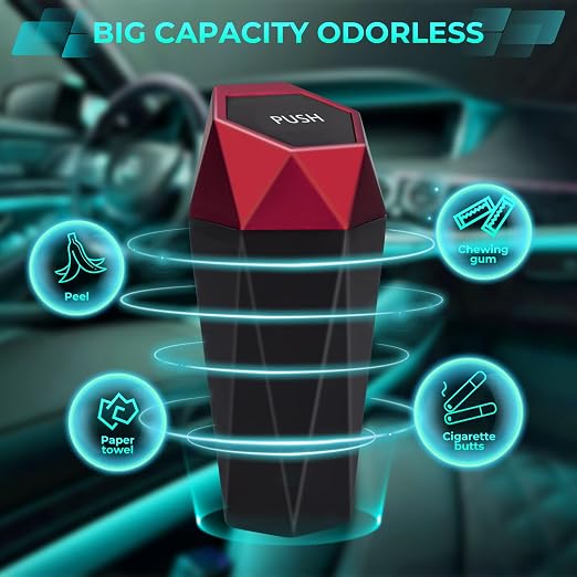 Car Trash Can with Lid, Diamond Design Mini Cup Holder Garbage Bin, Portable Automotive Waste Container for Office Home Use, Red