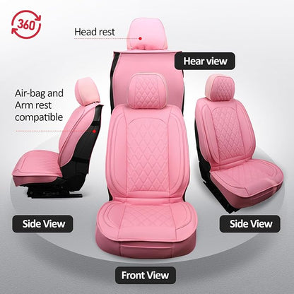 MIROZO Seat Covers Full Set Pink, Leather Car Seat Covers Waterproof Automotive Seat Covers Universal Car Seat Protector Seat Cover Set Vehicle Cushion Cover for Sedan, Truck and SUV (Full Set, Pink)