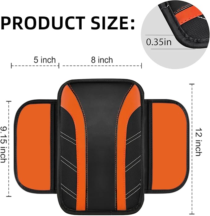 NBTEPEM 6 Pcs Orange Car Accessories Set, Sport Leather Steering Wheel Cover 14.5-15inch Universal, Microfiber Leather Car Center Console Cover, Seat Belt Cushion, Cup Holder Coaster (Black-Orange)