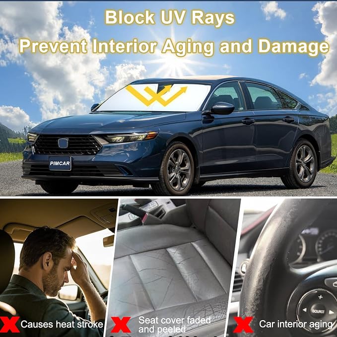 PIMCAR Windshield Sun Shade for 2023 2024 2025 2026 Honda Accord, 310T Reflective Polyester Front Window Sun Visor Blocks UV Rays Foldable Sunshade Honda Accord Accessories