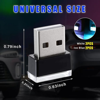 Augeny 4 PCS USB LED Car Interior Atmosphere Lamp, Plug-in USB Decor Night Light, Portable Auto Ambient Lighting Kit, Universal Vehicle Interior Accessories for Most Cars (White & Ice Blue)