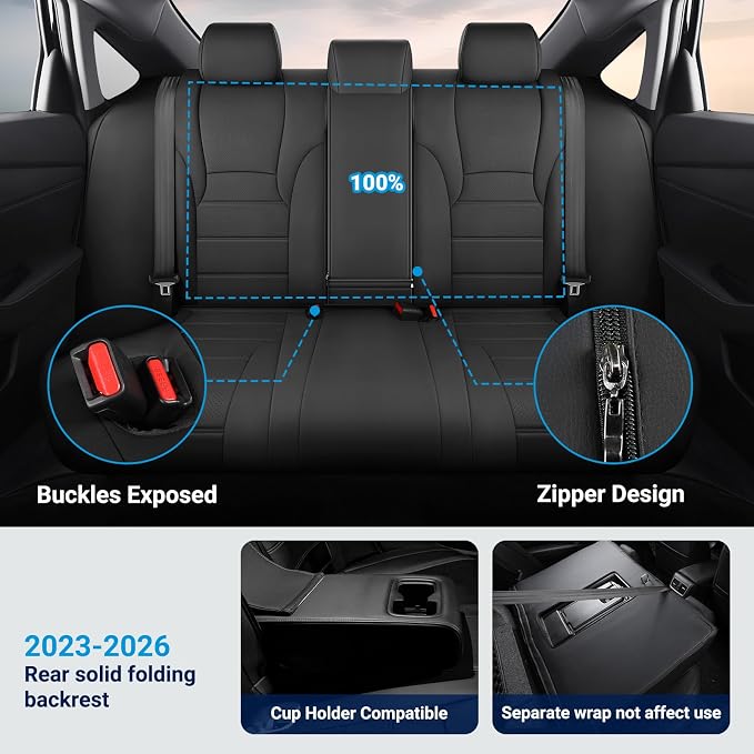Custom for Honda Accord Seat Covers 2023 2024 2025 2026 LX Faux Leather Car Seats Cover Full Set (Rear Solid Folding backrest) - Black