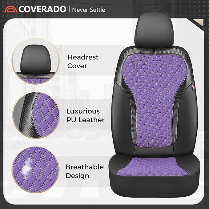 Coverado Front Seat Covers, Luxury Diamond Leather Car Seat Cover with Carbon Fiber Weave, Waterproof Car Seat Cover Driver Seat Cover Spill-Proof Design Universal Fit for Most Cars, BlackPurple