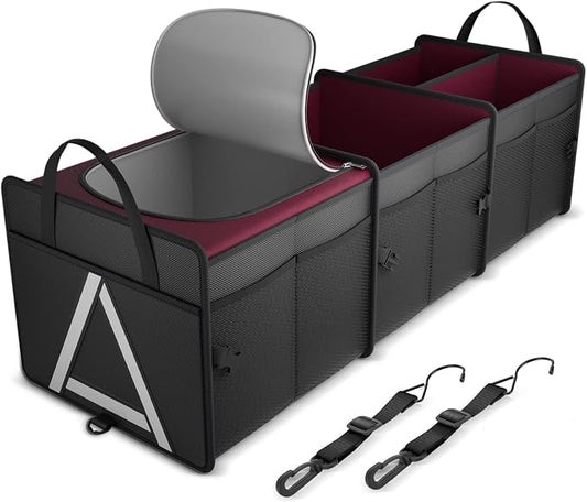 K KNODEL Sturdy Car Trunk Organizer with Premium Insulation Cooler Bag, 3 Compartments Heavy Duty Collapsible for Car, SUV, Truck, or Van (Large, Red)