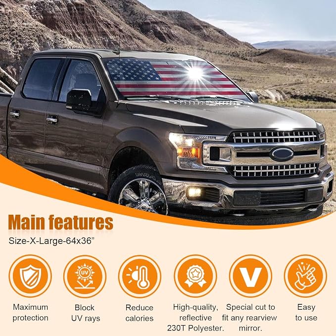 American Flag Car Windshield Sun Shade, Foldable Car Front Window Sunshade for Car SUV Truck, Auto Interior Sun Protection Cover, Blocks UV Rays & Keeps Your Vehicle Cool (USA Original Flag, X-Large)