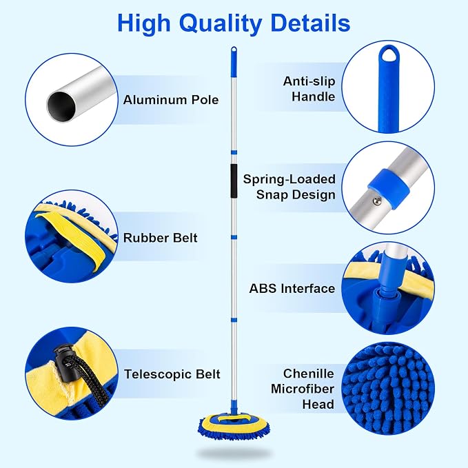 Ordenado 62" Car Wash Brush Kit Mitt Mop Sponge with Long Handle Chenille Microfiber Car Cleaning Brush Kit Supplies Car Washing Mop Kit Car Care Kit of Scratch-Free Replacement Head for Car RV Truck
