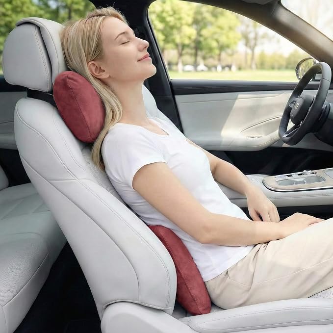 2PCS Car Pillow for Car Neck Pillow for Driving Seat Neck Support Soft Cushion Back Support Head-Rests for Vehicle Sleeping with Elastic Adjustment Strap (Red, Head and Lumbar)