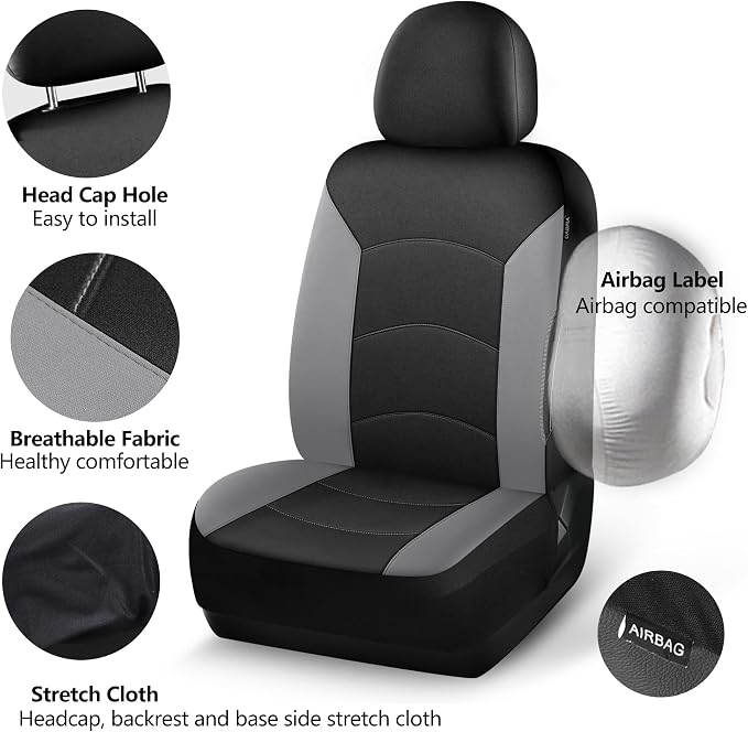 HChengkikz Car Seat Covers Full Set, Waterproof Neoprene Car Seat Covers, Airbag Compatible, Universal Fit for Most Sedans, SUVs, Trucks (Black + LightGray)