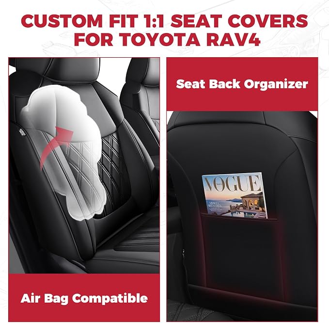 FREESOO Custom Seat Covers for Toyota RAV4 2019 2020 2021 2022 2023 2024 2025 Hybrid XLE LE Limited XLE Premium, RAV4 Leather Car Seat Covers Interior, RAV 4 SUV Accessories Full Set, Black
