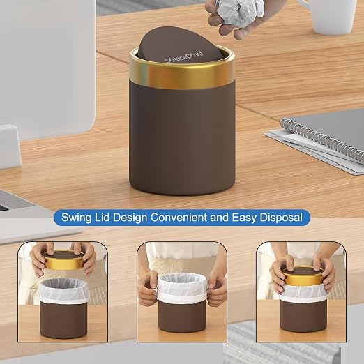 Countertop Trash Can with Lid for Desk Top,0.4 Gallon Stainless Steel Mini Trash Can for Desk、Car、Office、Kitchen,Swing Top Trash Bin with a Roll of Trash Bag(Brown)