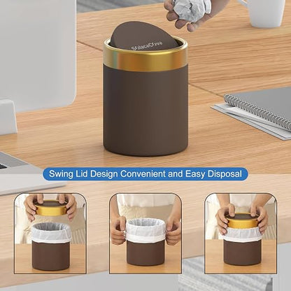 Countertop Trash Can with Lid for Desk Top,0.4 Gallon Stainless Steel Mini Trash Can for Desk、Car、Office、Kitchen,Swing Top Trash Bin with a Roll of Trash Bag(Brown)