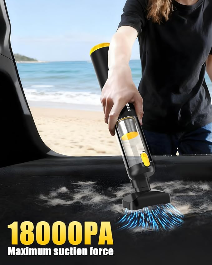 SEEDUSTRY Handheld Vacuum Cleaner Cordless, Mini Small Car Vacuum, Portable Pet Hair Vacuum, 3 Suction Modes-Up to 18000pa, 6 Blow & Suck & Deflate & Inflate Nozzles for Car, Pet, Office, Home