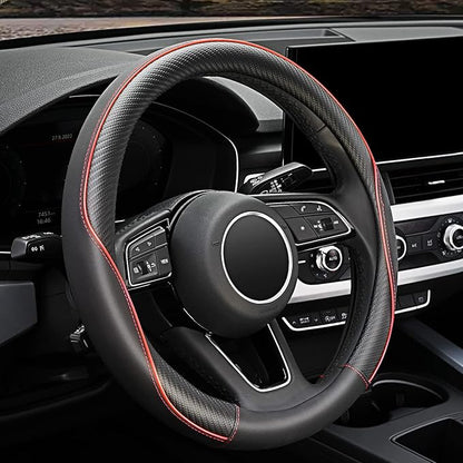 YHONGJT Soft Microfiber Leather Anti-Slip Car Steering Wheel Cover, Universal 15 Inch, Fit Vehicles, Sedans, SUVS, Vans, Trucks - Black with Red Line