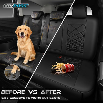 CAR PASS Luxury Nappa Leather Back Seat Covers, Piping Water Resistant Premium Perforated Leather Rear Bench Seat Covers, Breathable Backseat Cover Universal Fit for Most Sedan SUV Van Truck, Black