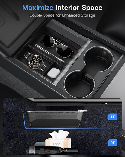 Center Console Organizer Tray for Tesla Model Y Juniper 2025 2026 (Premium & Performance) & Model 3 Highland, PC Material & Silent Silicone Armrest Storage Box Wireless Charging Pad Cup Holder
