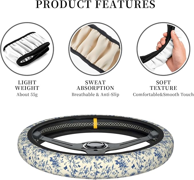 Floral Cute Steering Wheel Cover for Women & Men – Universal 15 Inch Car Accessories, Non-Slip & Stylish Design, Fits Most Cars, SUVs, and Auto