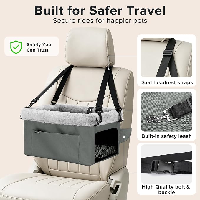 JOEJOY Deluxe Dog Booster Seat with Sturdy Metal Frame and Safety Leash for Small Pets up to 20 lbs - Portable Puppy Dog Car Seat with Thick Cushion and Storage Pockets for Small Dogs