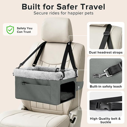 JOEJOY Deluxe Dog Booster Seat with Sturdy Metal Frame and Safety Leash for Small Pets up to 20 lbs - Portable Puppy Dog Car Seat with Thick Cushion and Storage Pockets for Small Dogs