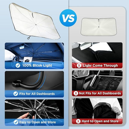 2026 Upgraded Windshield Sun Shade Umbrella [7-Layer Vinyl Coating Heat Shield] Foldable Front Window Sunshade Umbrella Flexible Handle Protect Interior from UV Keep Car Cooler (61" x 34.5")