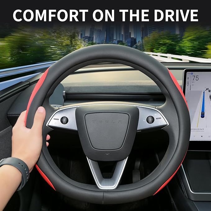 Uxcer Nappa Leather Steering Wheel Cover for Tesla Model 3/Y 2016-2025 2026 Juniper/Highland, Non-Slip Breathable Tesla Model 3/Y Steering Wheel Protector, Red