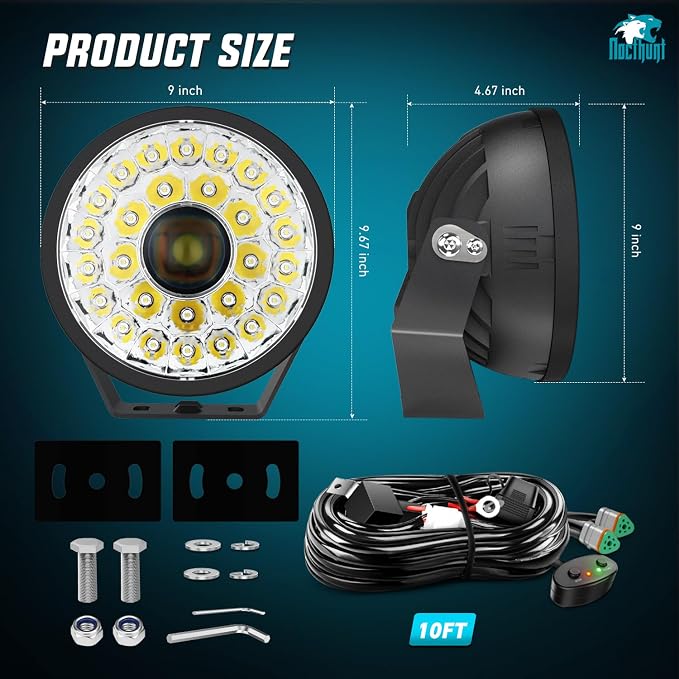 Nilight 9 Inch LED Offroad Driving Lights with DRL 2 PCS 160 W Round Hyper Spot Beam Offroad Light w/ 12 AWG DT Connector Wiring Harness Kit for Jeep Truck ATV UTV SUV