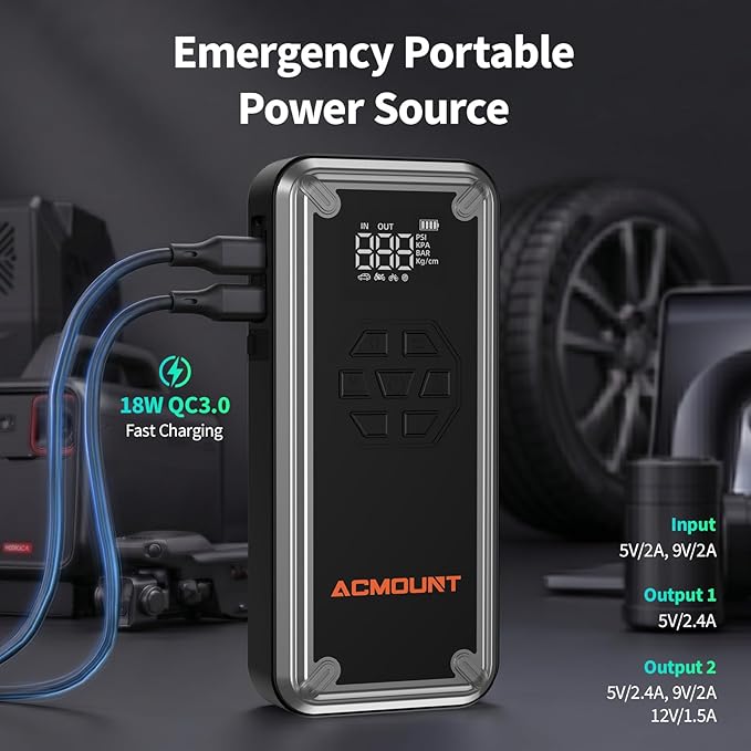 W160 Jump Starter with Air Compressor, 5000A Portable Car Jump Starter 150PSI Tire Inflator/Air Pump, 12V Battery(Up to 9L Gas/8L Diesel Engine) Jump Pack Car Emergency Kit Idea Gift for Man (Silver)