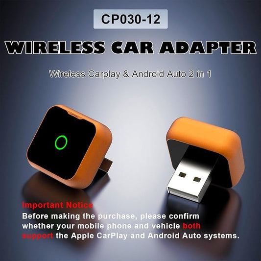 2-in-1 Wireless CarPlay Android Auto Adapter, Plug & Play Wired to Wireless Converter for iPhone Android, Fast Auto Connect,Stable,OTA Update, Ultra Compact (Orange)